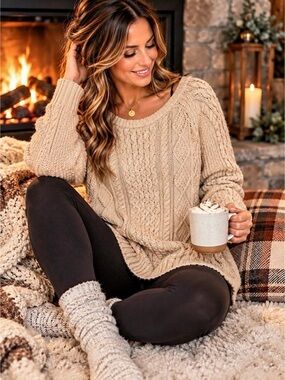 L.L Bean Signature Cream/Oatmeal Cable Knit Chunky  Sweater Size M